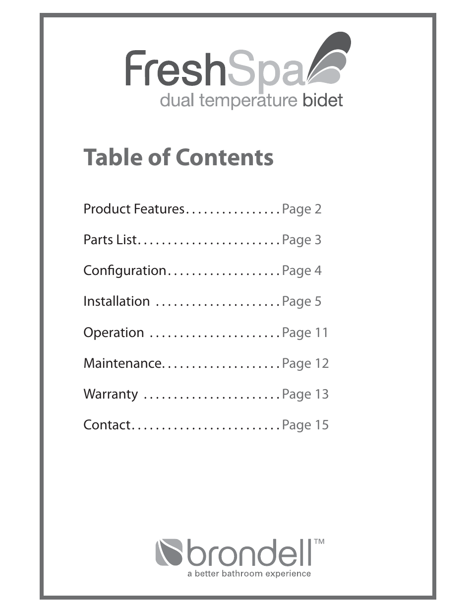 Brondell FreshSpa Dual Temperature Bidet User Manual | Page 3 / 52
