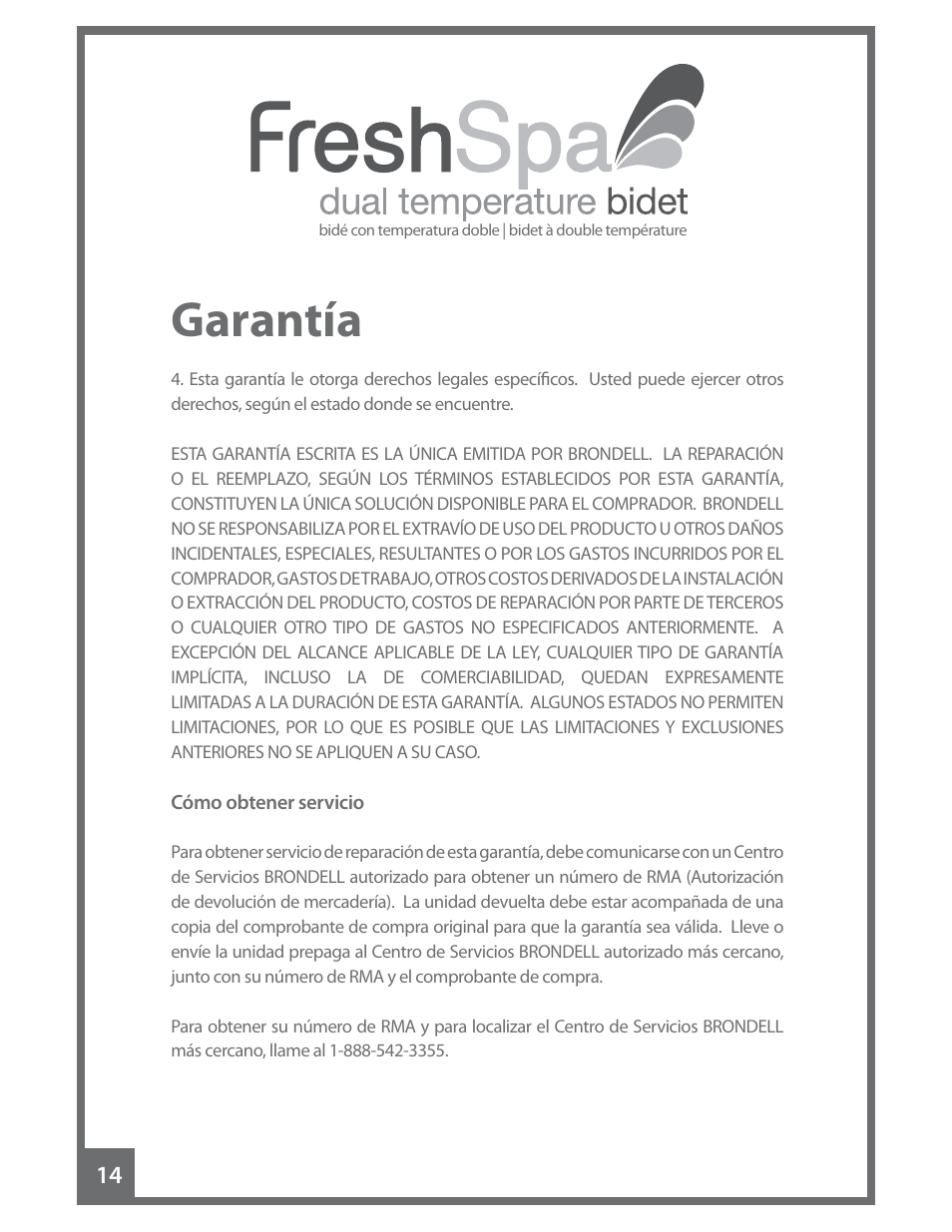 Garantía | Brondell FreshSpa Dual Temperature Bidet User Manual | Page 32 / 52