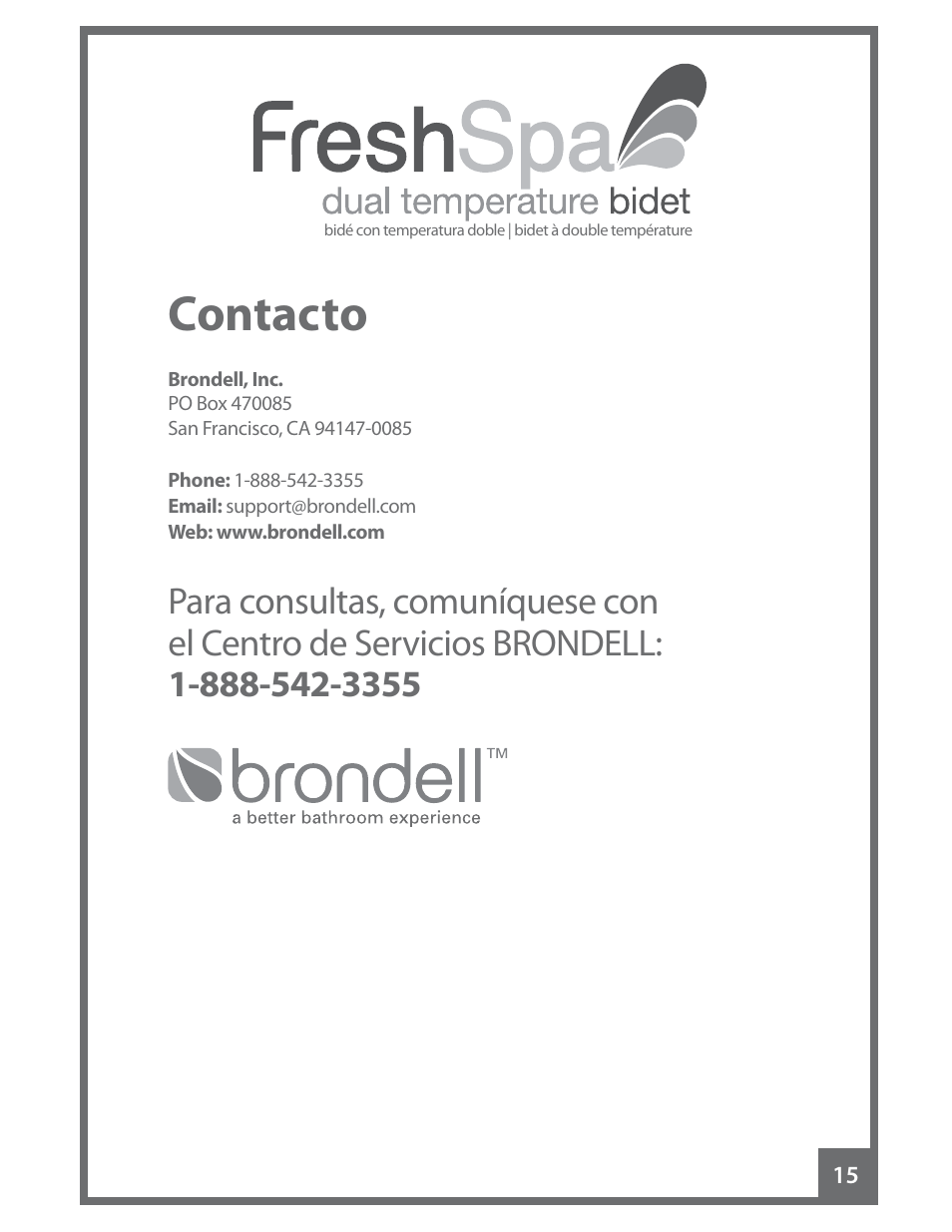 Contacto | Brondell FreshSpa Dual Temperature Bidet User Manual | Page 33 / 52