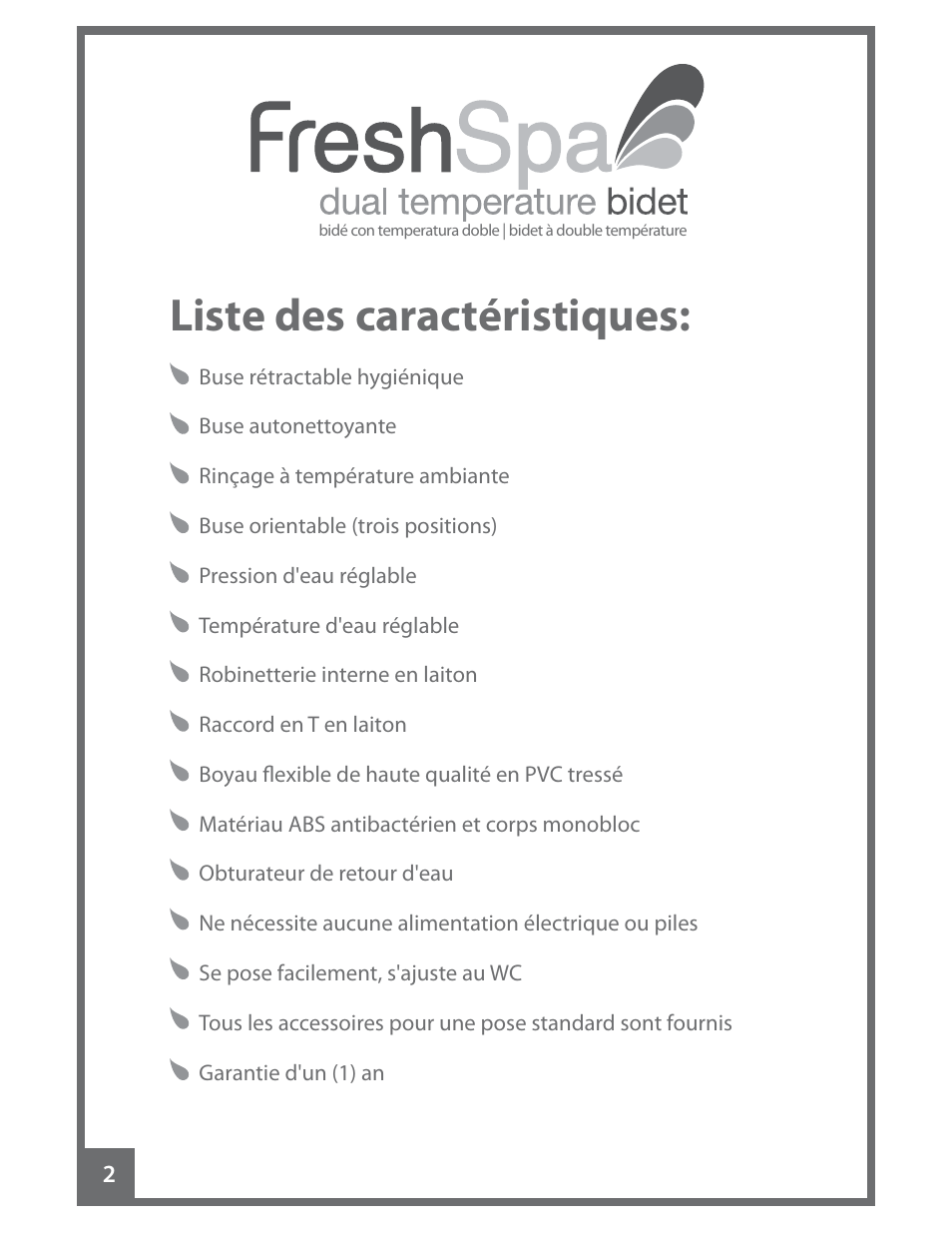 Liste des caractéristiques | Brondell FreshSpa Dual Temperature Bidet User Manual | Page 36 / 52