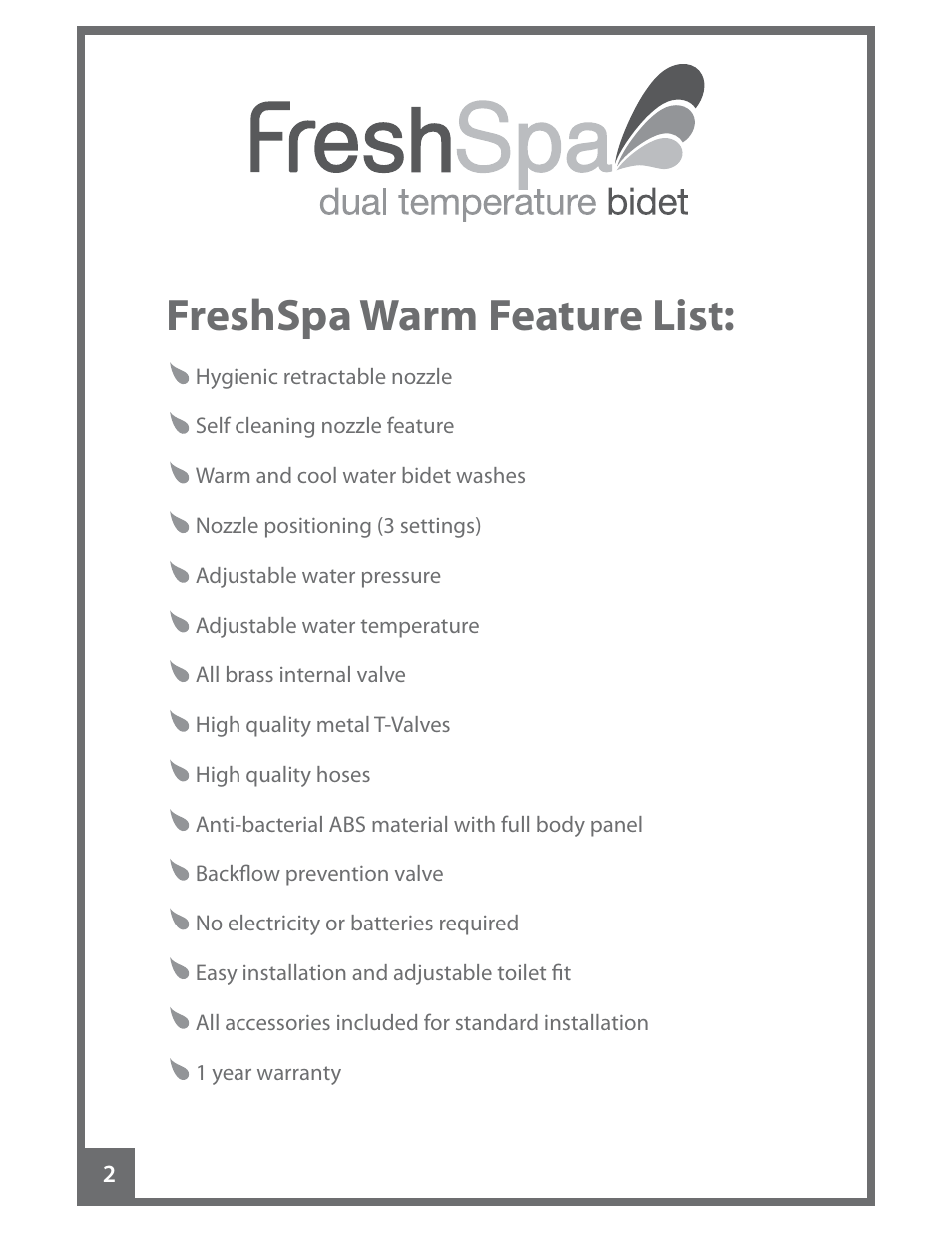Freshspa warm feature list | Brondell FreshSpa Dual Temperature Bidet User Manual | Page 4 / 52