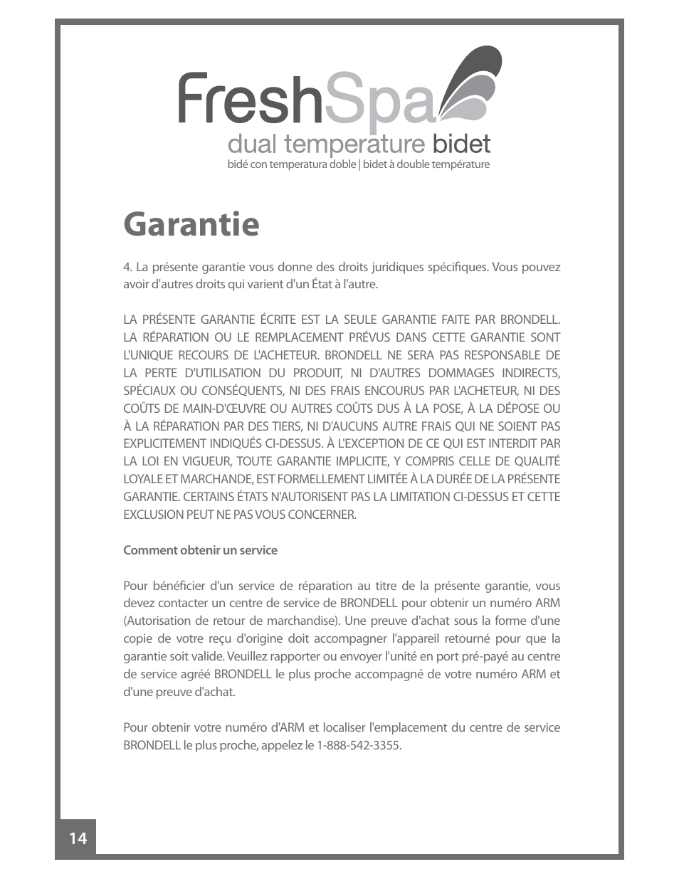 Garantie | Brondell FreshSpa Dual Temperature Bidet User Manual | Page 48 / 52