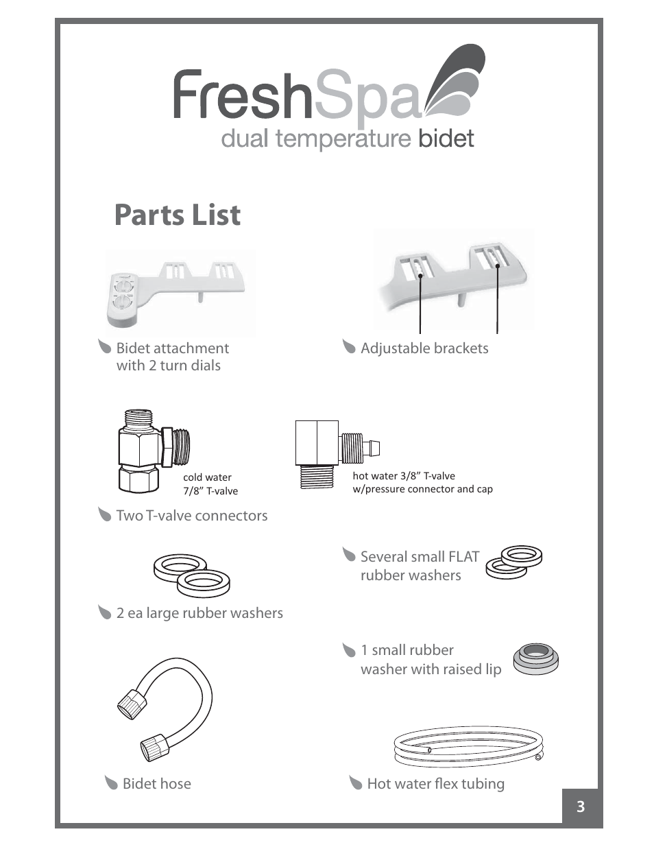 Parts list | Brondell FreshSpa Dual Temperature Bidet User Manual | Page 5 / 52
