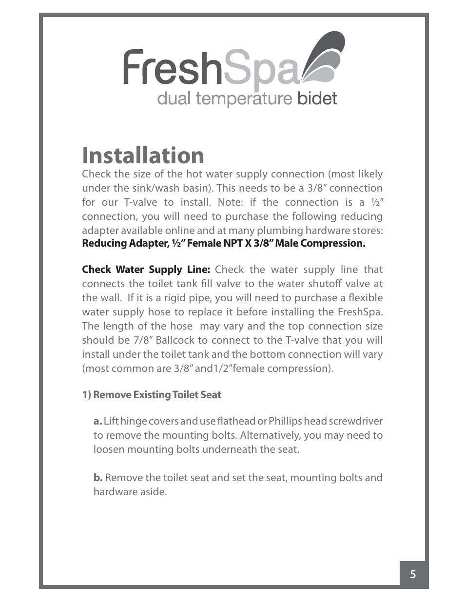 Installation | Brondell FreshSpa Dual Temperature Bidet User Manual | Page 7 / 52