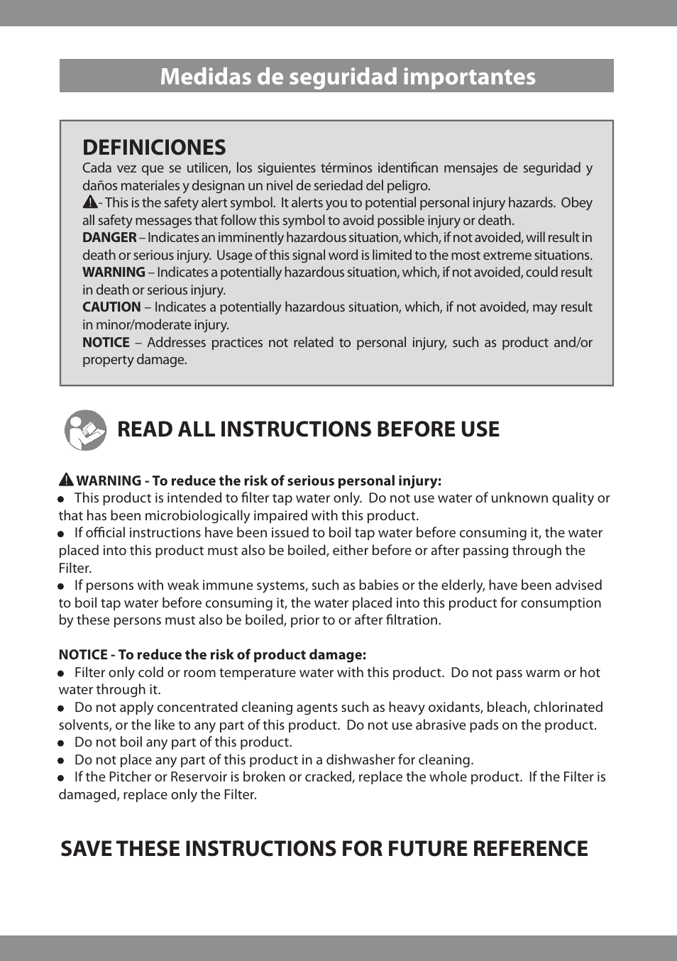 Medidas de seguridad importantes, Definiciones | Brondell H2O+ Water Pitcher Filtration System User Manual | Page 12 / 32