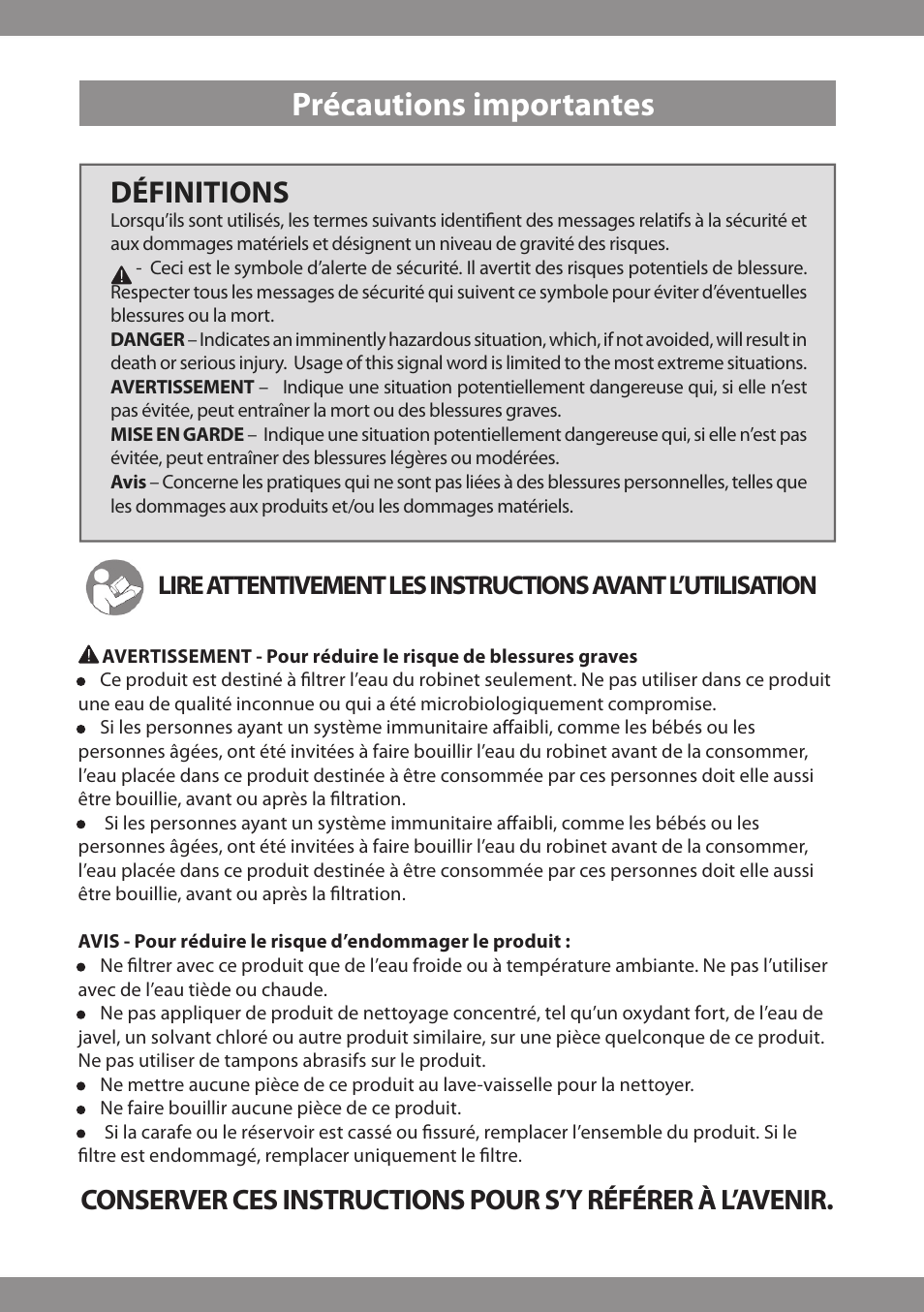 Précautions importantes, Définitions | Brondell H2O+ Water Pitcher Filtration System User Manual | Page 22 / 32