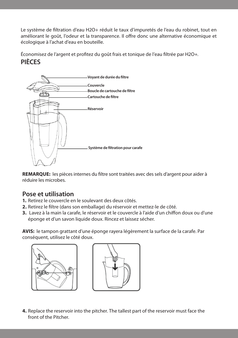 Pièces, Pose et utilisation | Brondell H2O+ Water Pitcher Filtration System User Manual | Page 23 / 32