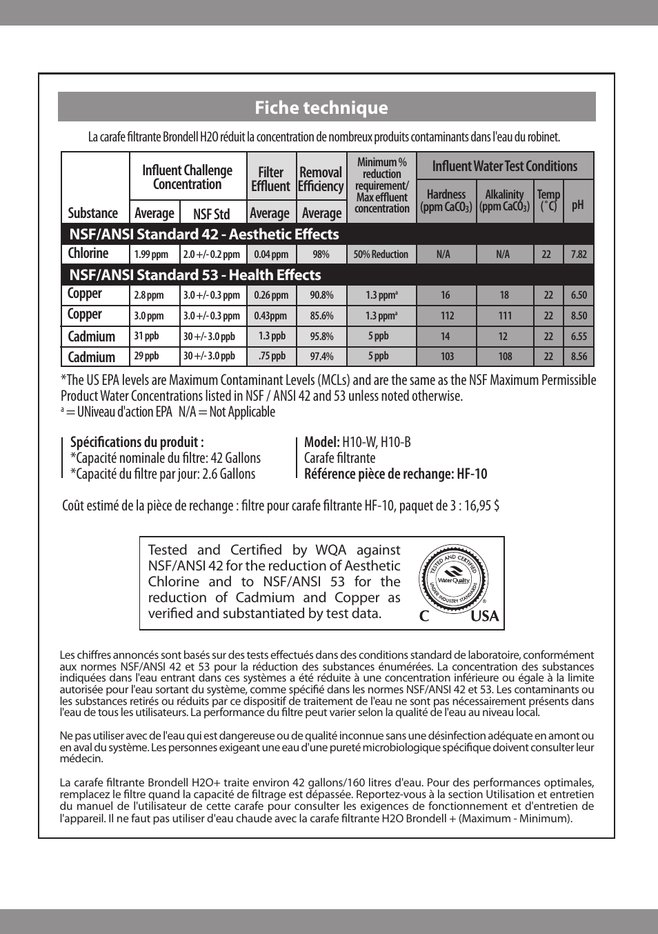 Fiche technique | Brondell H2O+ Water Pitcher Filtration System User Manual | Page 26 / 32