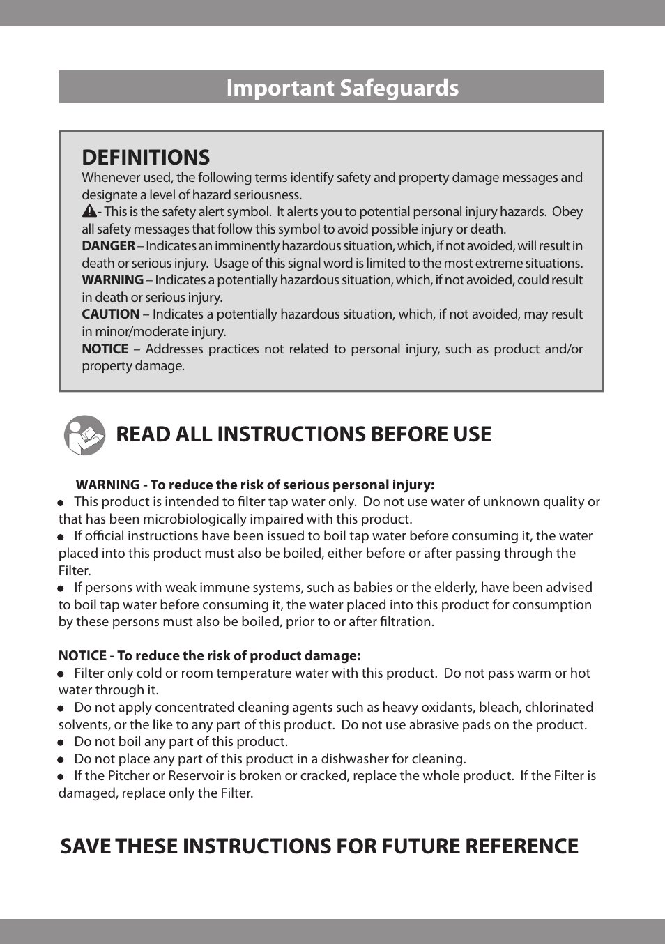 Important safeguards, Definitions | Brondell H2O+ Water Pitcher Filtration System User Manual | Page 3 / 32