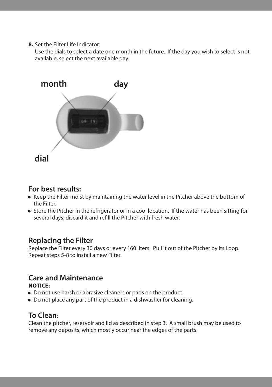 Month dial day | Brondell H2O+ Water Pitcher Filtration System User Manual | Page 6 / 32