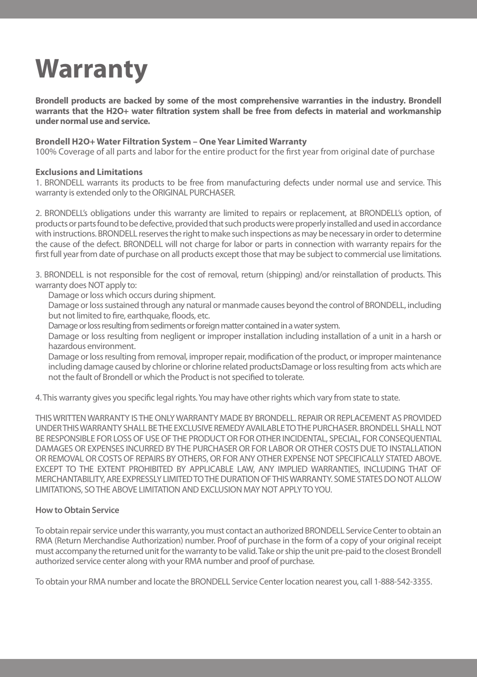 Warranty | Brondell H2O+ Water Pitcher Filtration System User Manual | Page 8 / 32