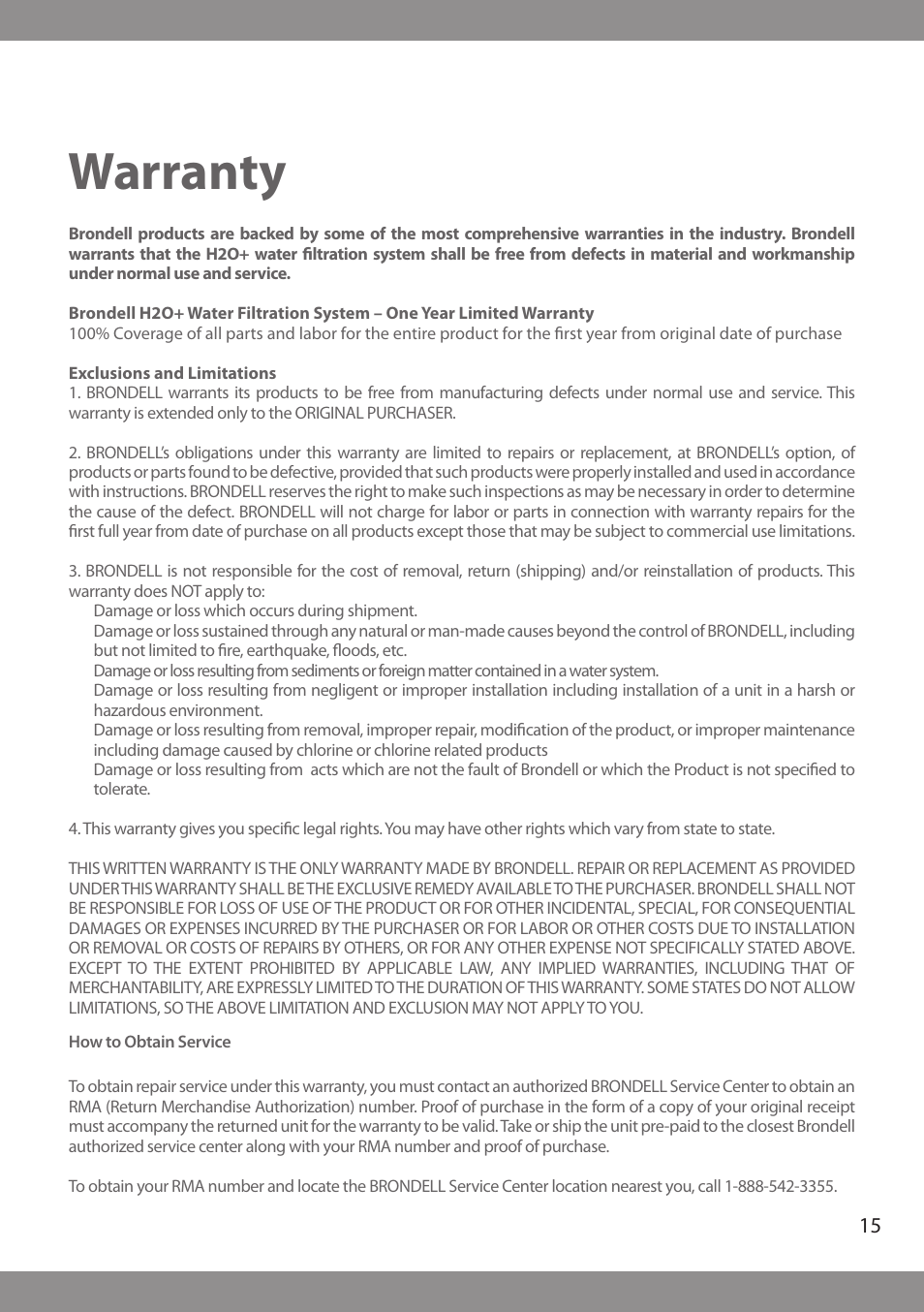 Warranty | Brondell H2O+ Pearl H620 Water Filtration System User Manual | Page 17 / 56