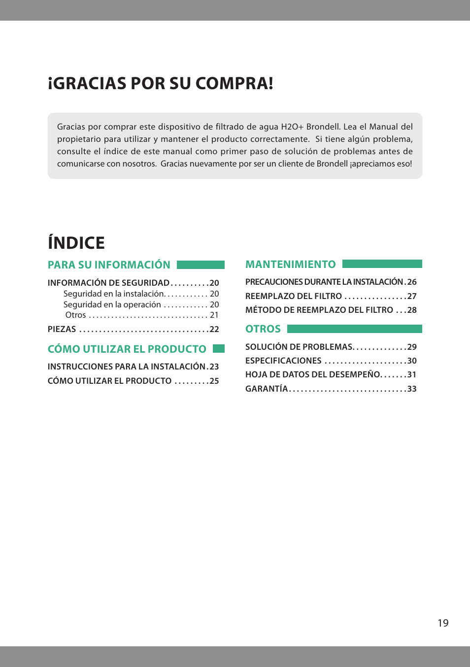 Gracias por su compra! índice | Brondell H2O+ Pearl H620 Water Filtration System User Manual | Page 21 / 56