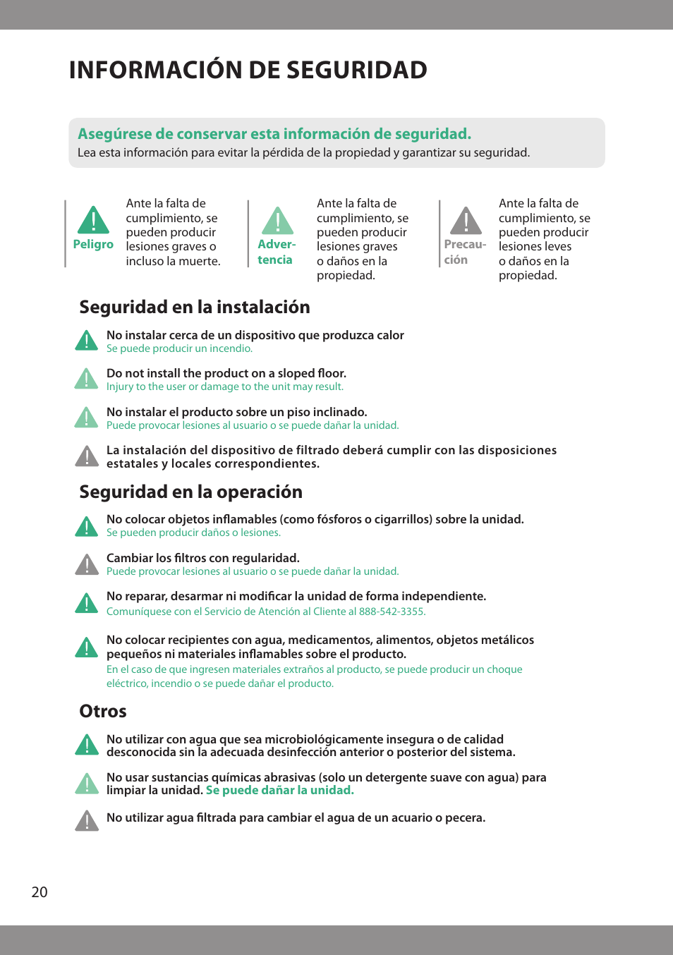 Información de seguridad, Seguridad en la operación, Seguridad en la instalación | Otros | Brondell H2O+ Pearl H620 Water Filtration System User Manual | Page 22 / 56