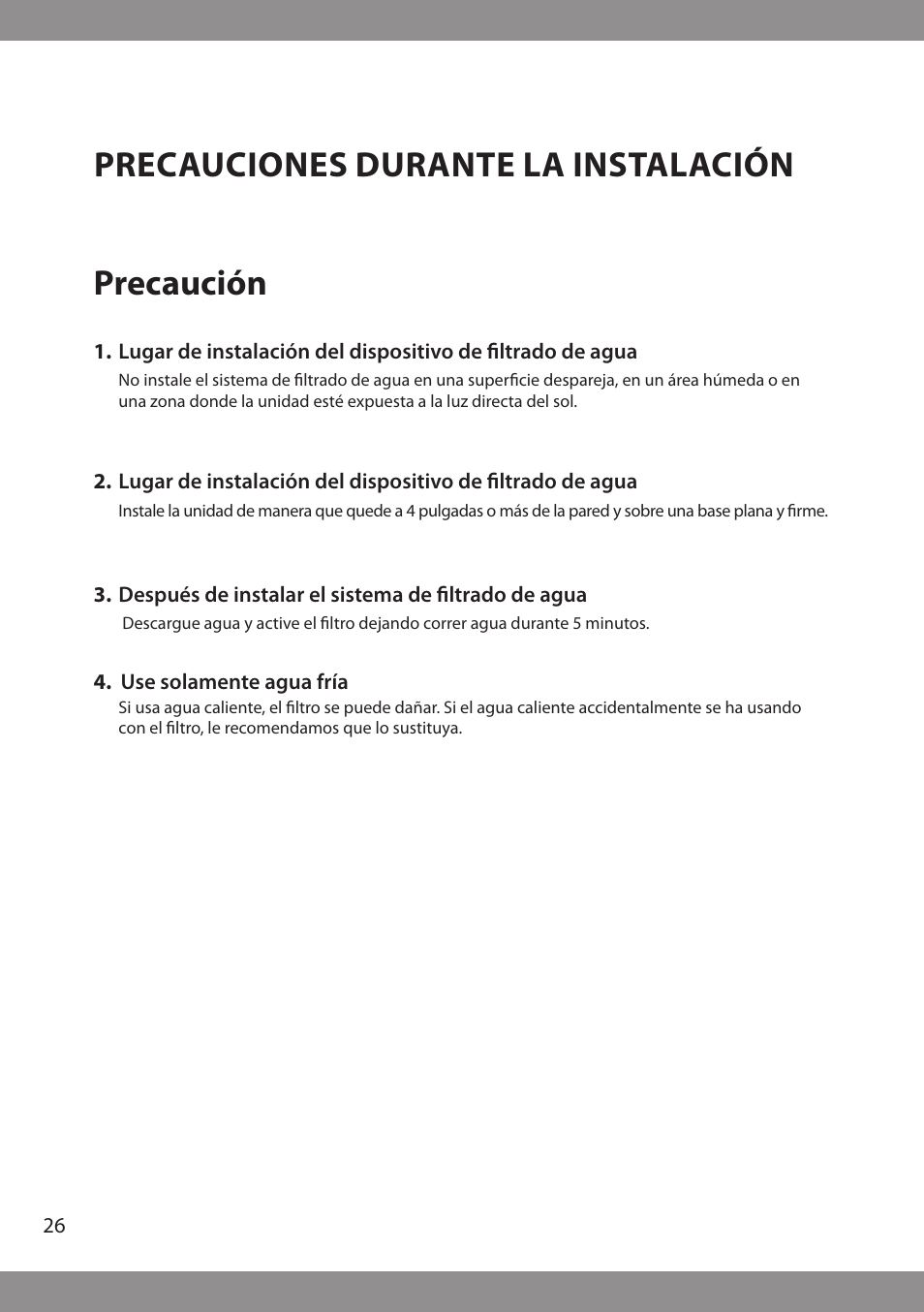 Precauciones durante la instalación precaución | Brondell H2O+ Pearl H620 Water Filtration System User Manual | Page 28 / 56