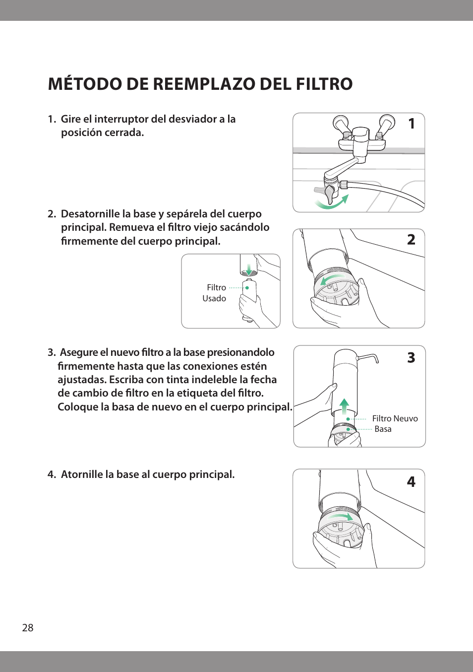 Método de reemplazo del filtro | Brondell H2O+ Pearl H620 Water Filtration System User Manual | Page 30 / 56