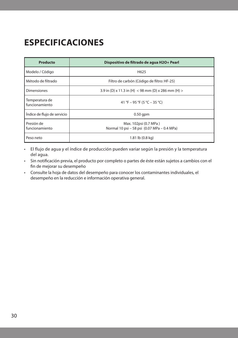 Especificaciones | Brondell H2O+ Pearl H620 Water Filtration System User Manual | Page 32 / 56