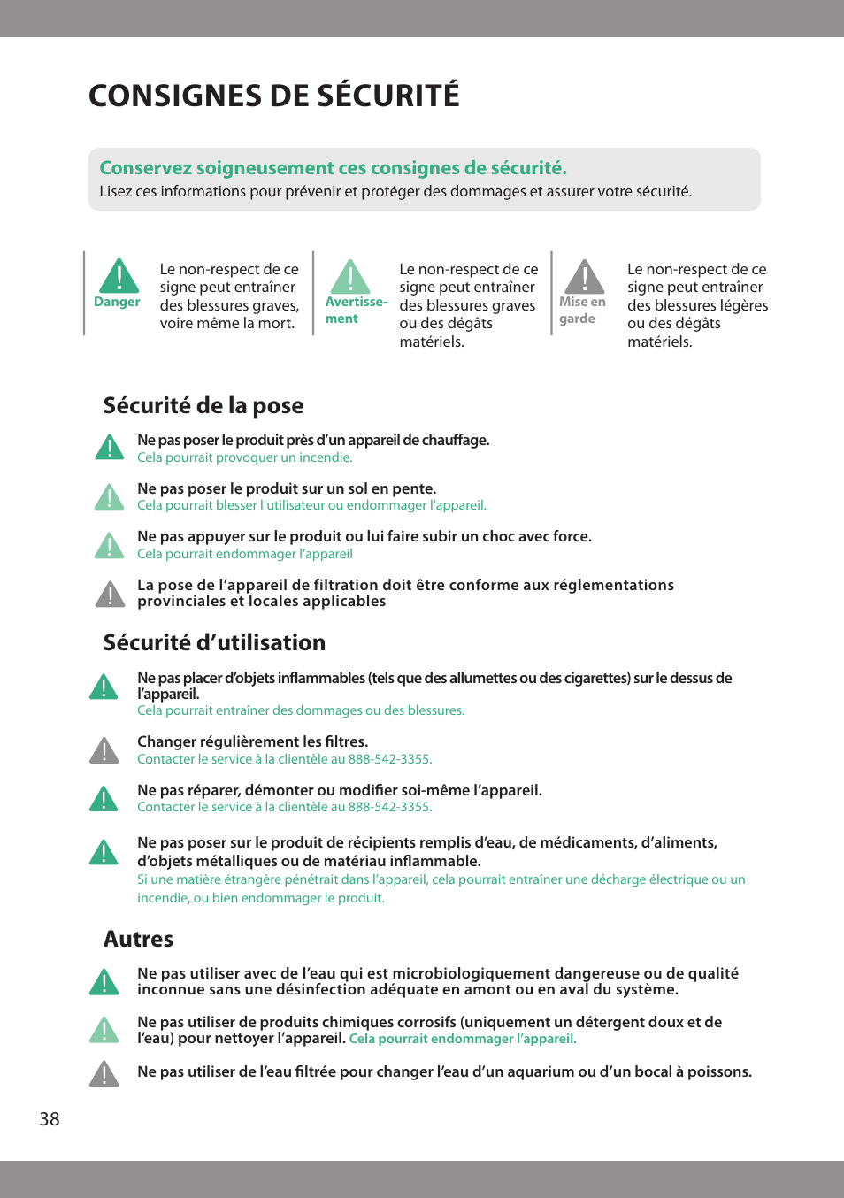 Consignes de sécurité, Sécurité d’utilisation, Sécurité de la pose | Autres, Conservez soigneusement ces consignes de sécurité | Brondell H2O+ Pearl H620 Water Filtration System User Manual | Page 40 / 56