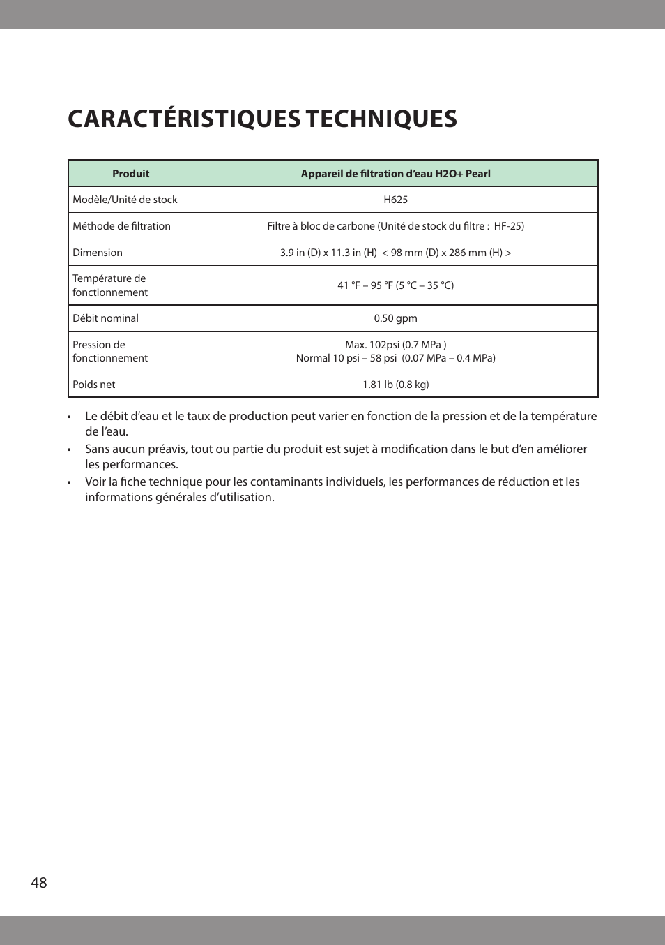 Caractéristiques techniques | Brondell H2O+ Pearl H620 Water Filtration System User Manual | Page 50 / 56
