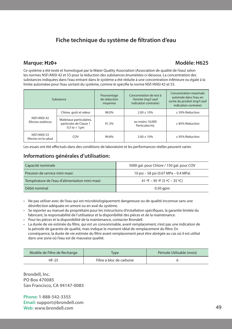 Fiche technique du système de filtration d’eau, Marque: h, 0+ modèle: h625 | Informations générales d’utilisation | Brondell H2O+ Pearl H620 Water Filtration System User Manual | Page 51 / 56