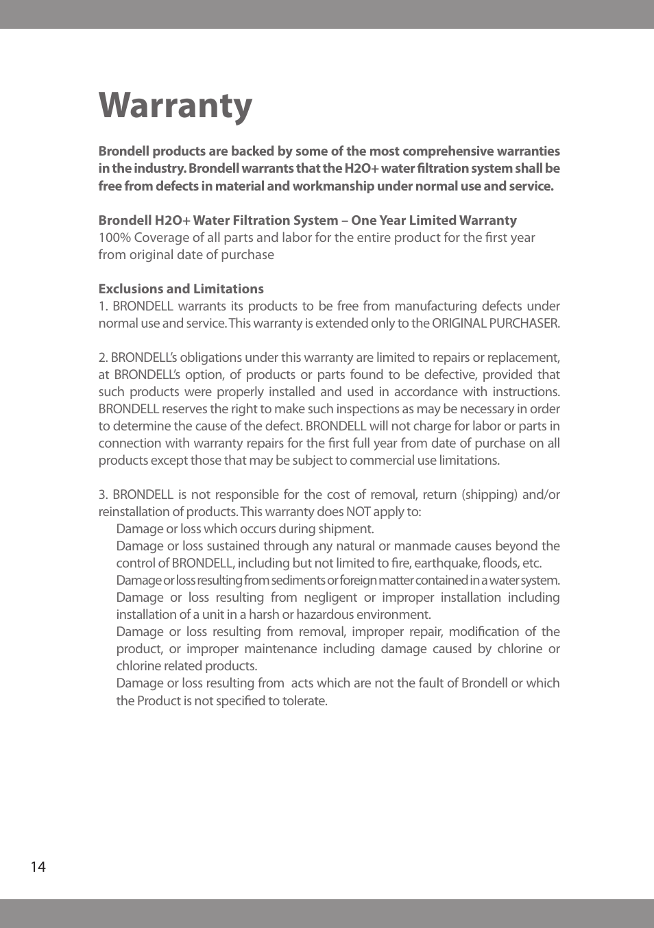 Warranty | Brondell H2O+ Cypress H630 Water Filtration System User Manual | Page 16 / 60