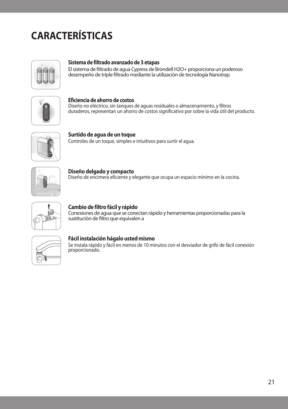 Características | Brondell H2O+ Cypress H630 Water Filtration System User Manual | Page 23 / 60