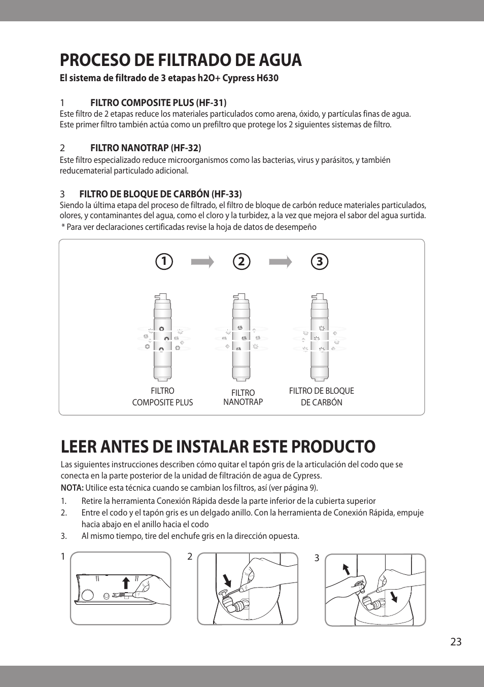 Proceso de filtrado de agua, Leer antes de instalar este producto | Brondell H2O+ Cypress H630 Water Filtration System User Manual | Page 25 / 60