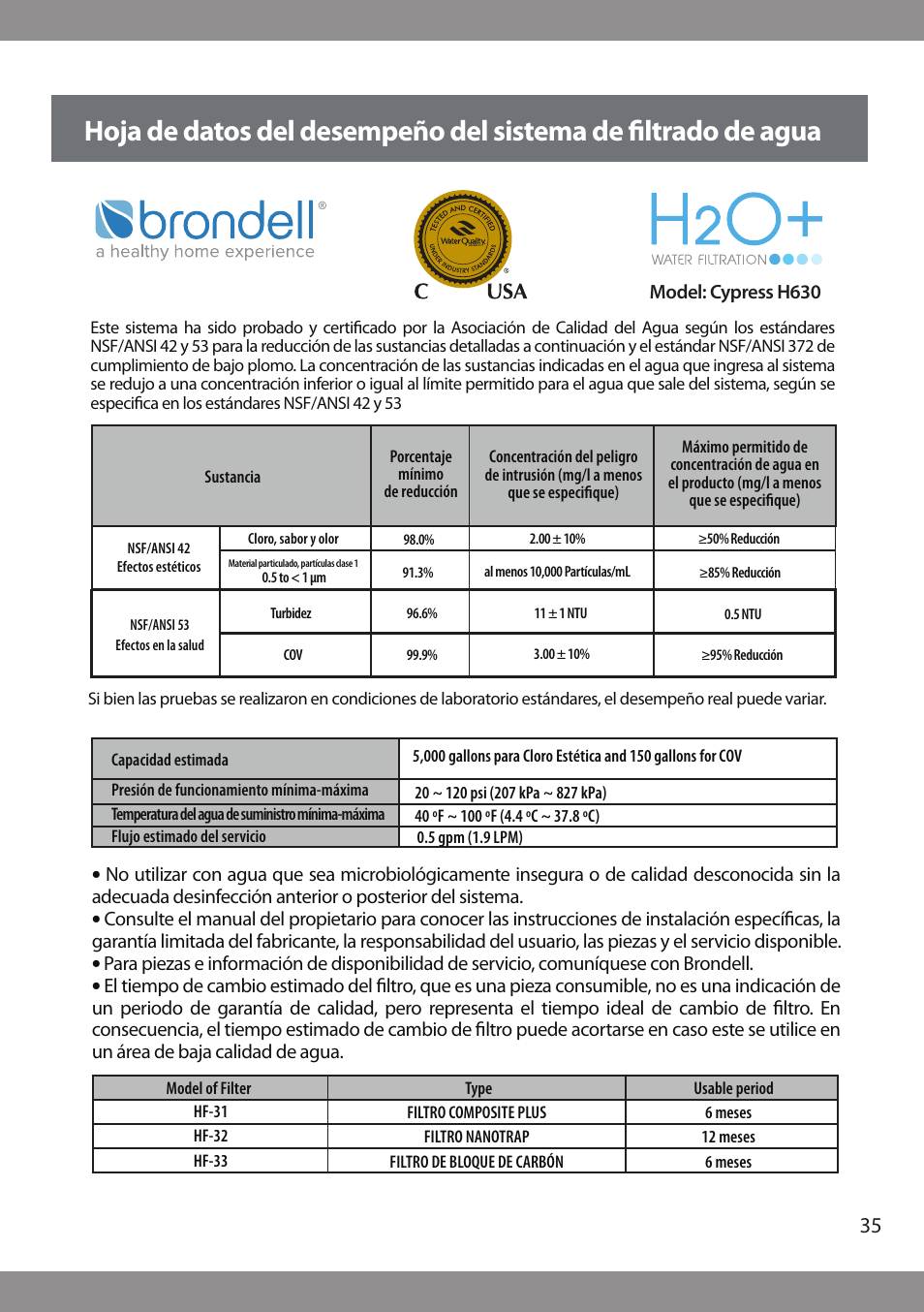 Brondell H2O+ Cypress H630 Water Filtration System User Manual | Page 37 / 60