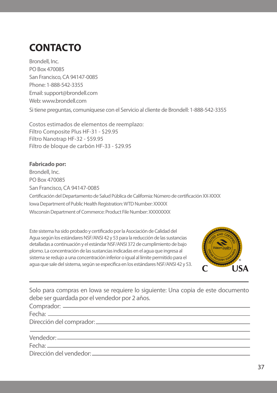 Contacto | Brondell H2O+ Cypress H630 Water Filtration System User Manual | Page 39 / 60