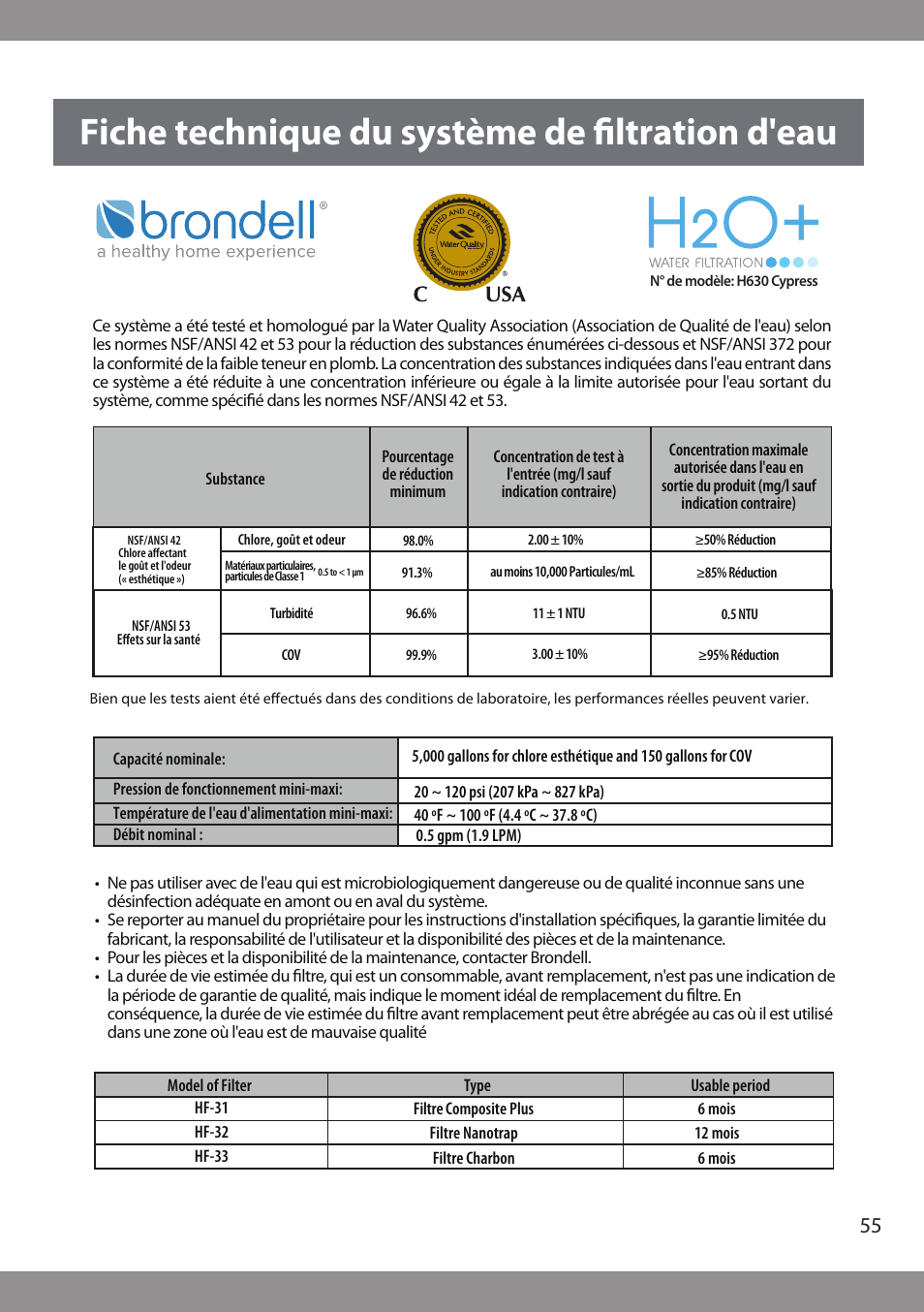 Fiche technique du système de filtration d'eau | Brondell H2O+ Cypress H630 Water Filtration System User Manual | Page 57 / 60