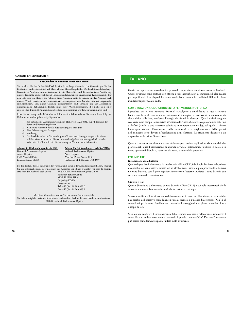 Italiano | Bushnell PROWLER 26-2024W User Manual | Page 10 / 15