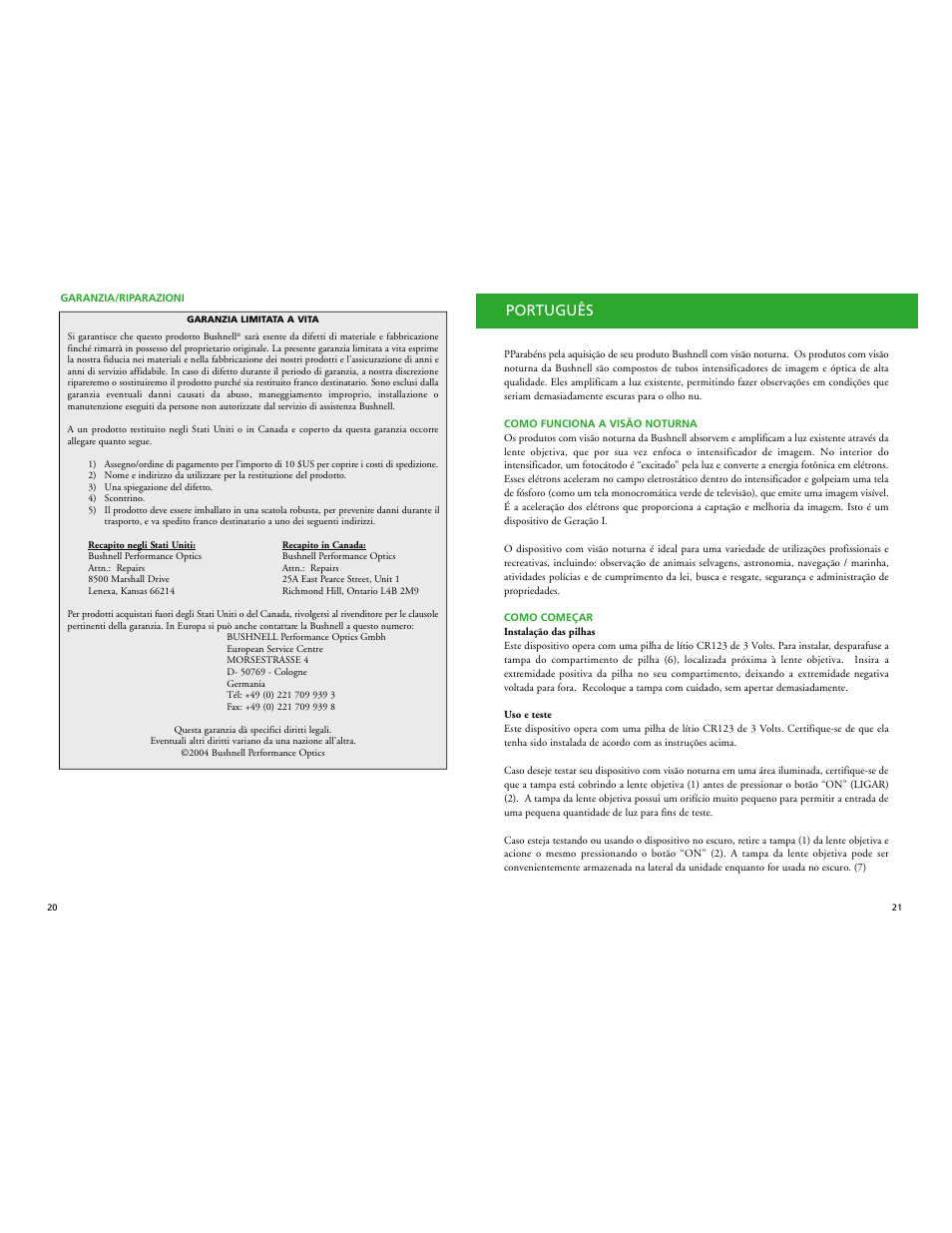 Português | Bushnell PROWLER 26-2024W User Manual | Page 12 / 15