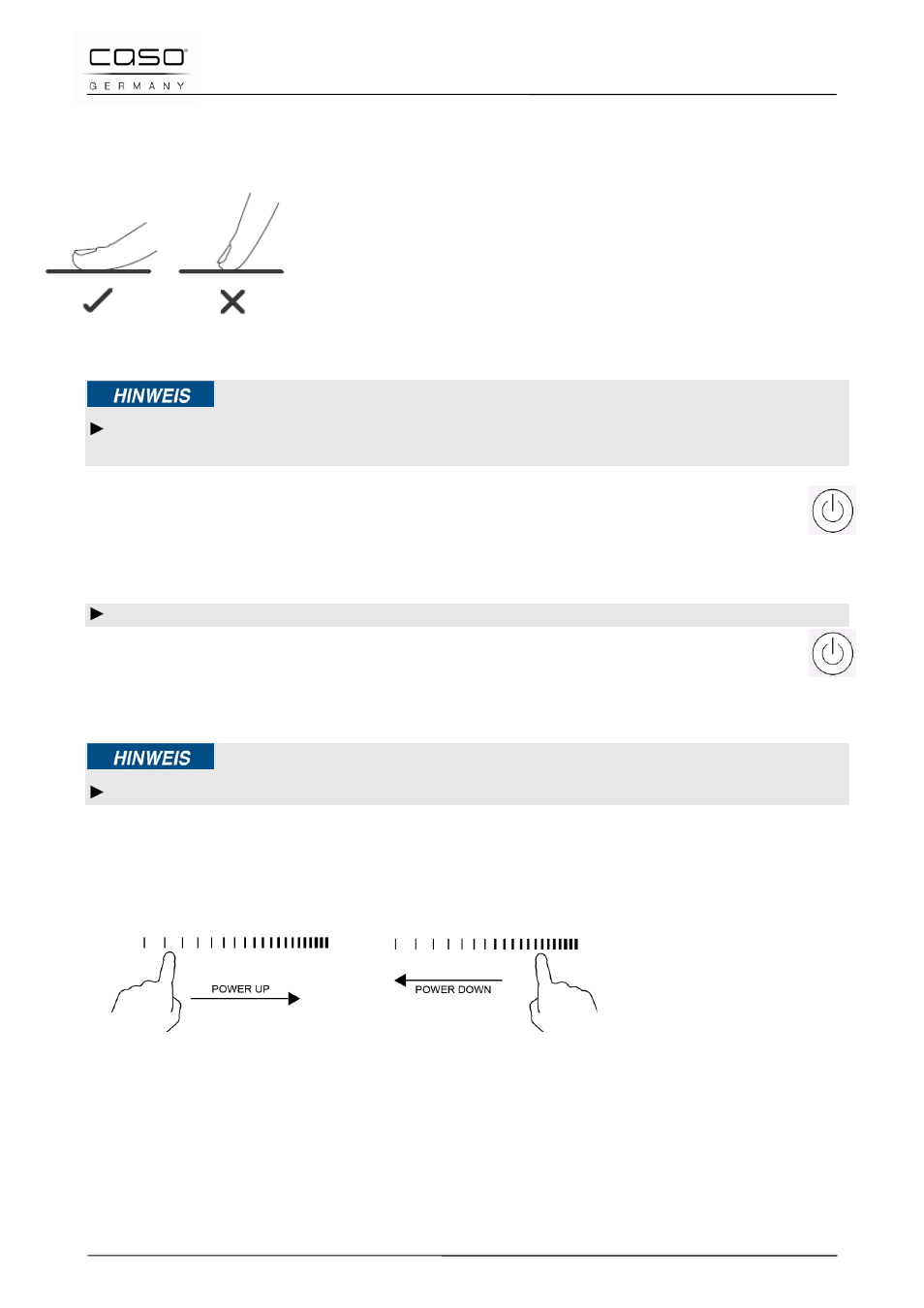 4 betrieb des gerätes, 1 bedienung mit touch controls, 2 ausschalten | 3 einschalten, 4 leistungsmodus, 5 der einsatz der speziellen temperatur-funktionen | CASO Germany PRO Slide 2100 User Manual | Page 24 / 121