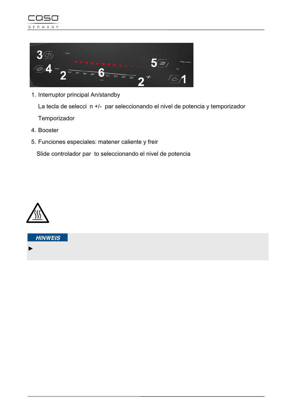 2 panel de mando y pantalla de indicación, 1 señales acústicas, 2 protección contra el sobrecalentamiento | 3 desconexión automática, 3 placa de especificaciones, Nota | CASO Germany PRO Slide 2100 User Manual | Page 96 / 121