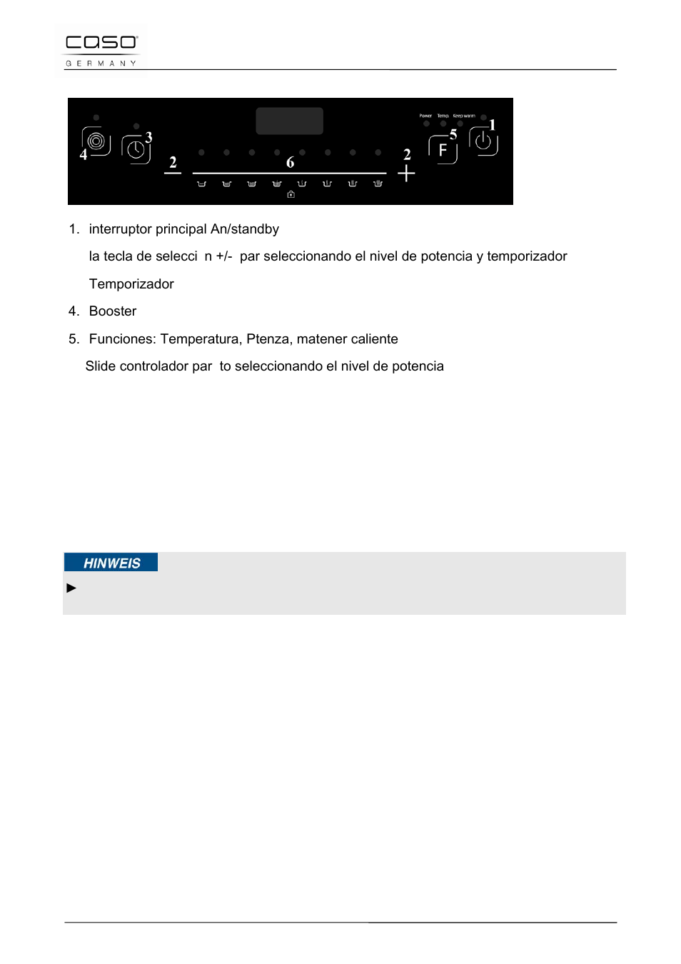 2 panel de mando y pantalla de indicación, 1 señales acústicas, 2 protección contra el sobrecalentamiento | 3 desconexión automática, 3 placa de especificaciones, Nota | CASO Germany INNO Slide 2100 User Manual | Page 99 / 125
