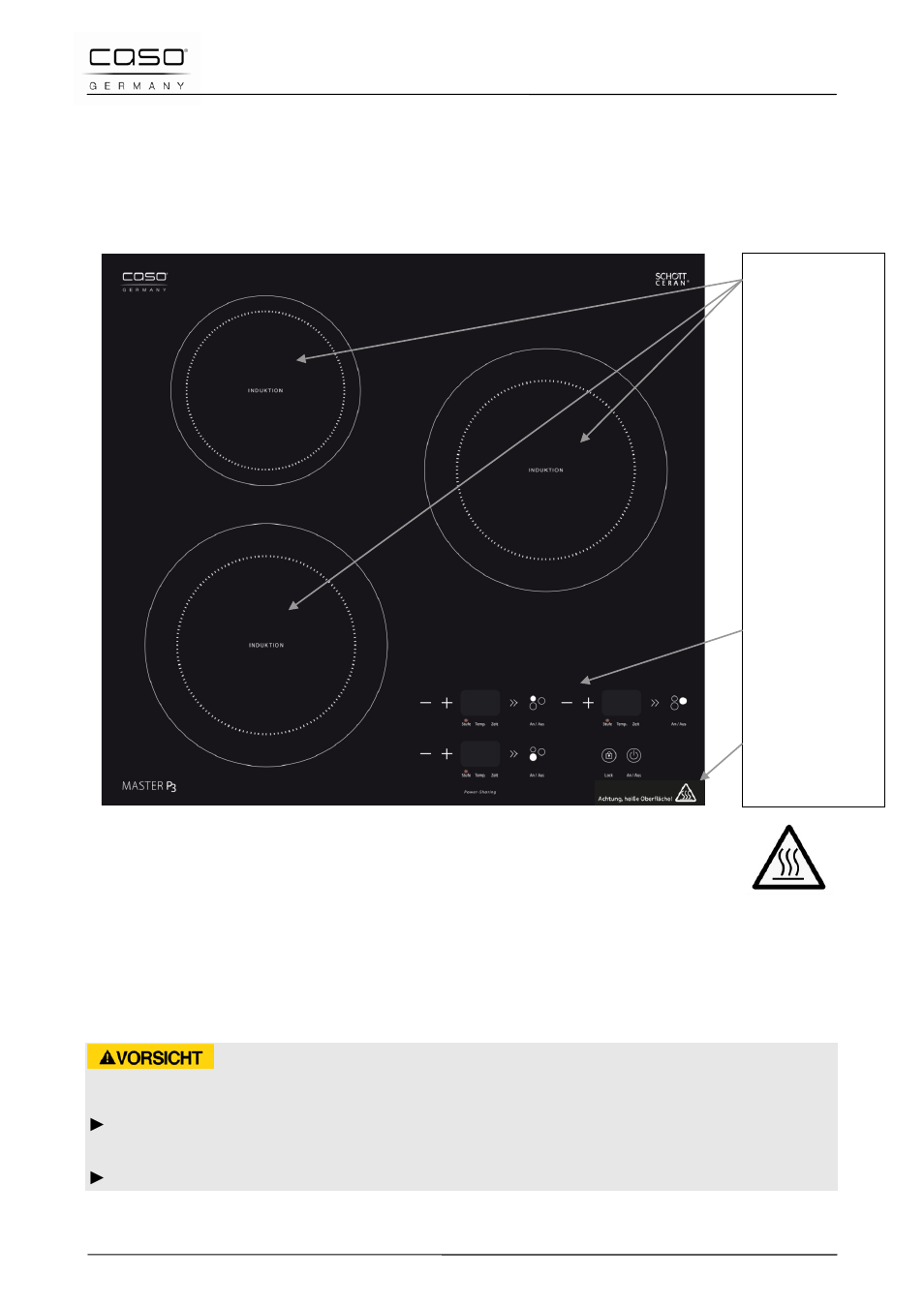 4 aufbau und funktion, 1 gesamtübersicht, 1 hinweise am gerät | Max. 1000 watt, Powersharing: je kochfeld 1000 watt | CASO Germany Master P3 (2150) User Manual | Page 20 / 130