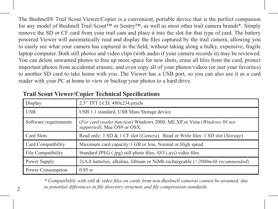 Trail scout viewer/copier technical specifications | Bushnell SCOUT VIEWER 1-Nov User Manual | Page 2 / 16