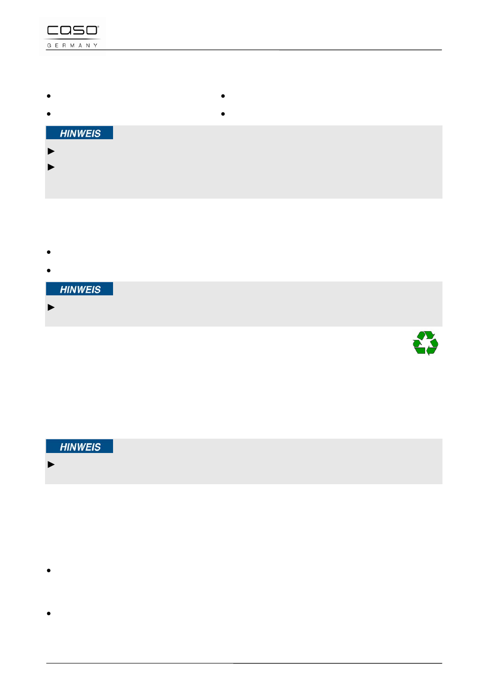 6 lieferumfang und transportinspektion, 7 auspacken, 8 entsorgung der verpackung | 9 aufstellung, 1 anforderungen an den aufstellort | CASO Germany IMCG25 User Manual | Page 21 / 179