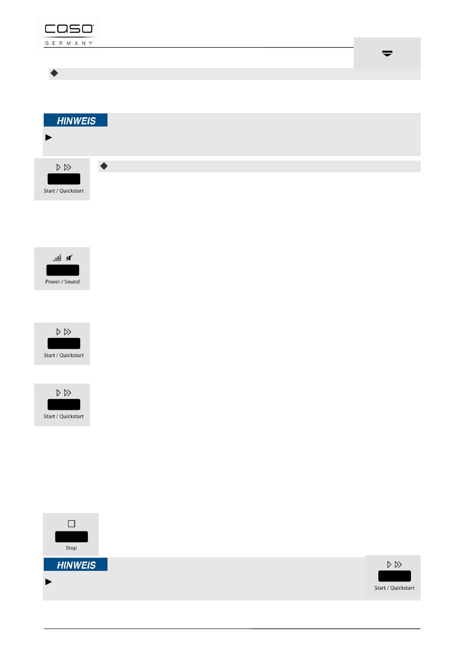 4 ouvrir et fermer la porte, 5 allumer/couper le son, 6 mise en route après sélection d'un programme | 7 démarrage rapide, 8 arrêt, Remarque | CASO Germany MCDG 25 master User Manual | Page 82 / 170