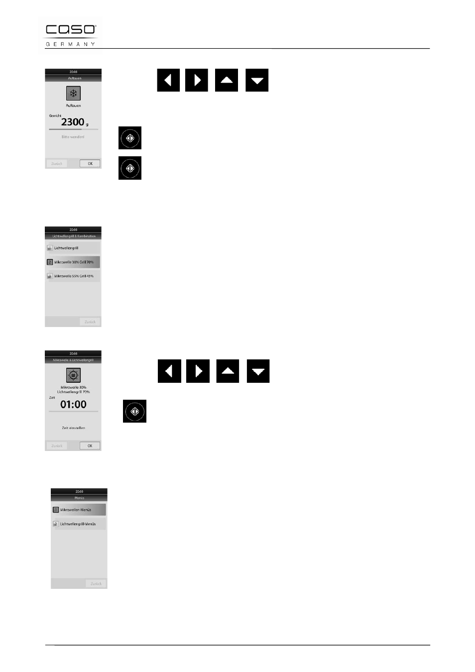 3 menù scongelamento, 4 menù griglia a onde luminose & combinazione, 5 menù dei menù principali /menù microonde | CASO Germany MLG 23 Touch User Manual | Page 120 / 189