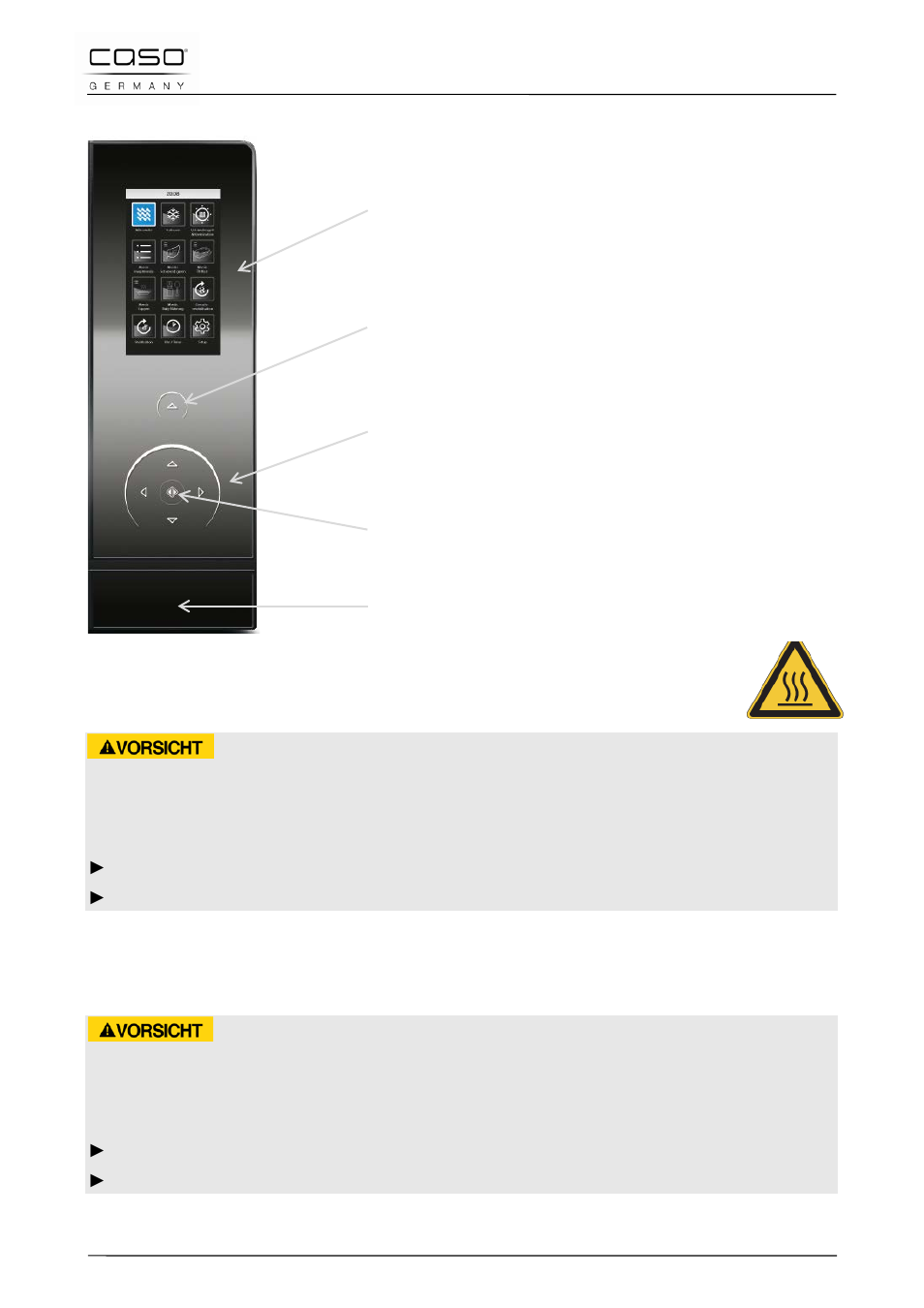 2 mandos e indicadores, 3 ajustes de seguridad, 1 señales de aviso en el aparato | 2 enclaves de cierre, Cuidado | CASO Germany MLG 23 Touch User Manual | Page 144 / 189