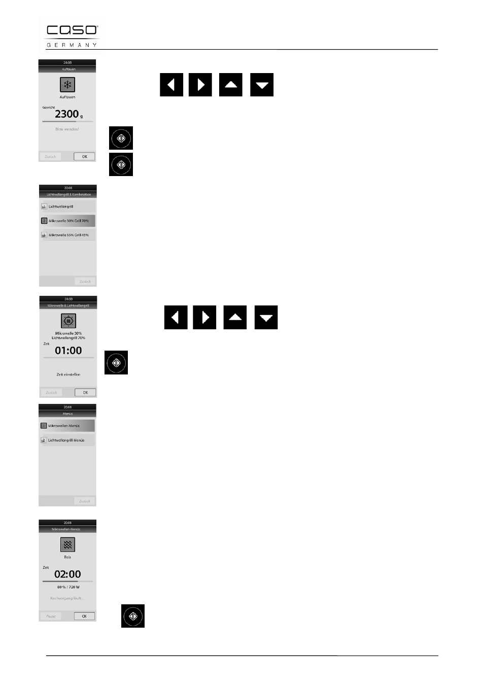 3 menu ontdooien, 4 menu lichtgolven-grill & combinatie, 5 menu's hoofdmenu's/magnetronmenu's | 1 menu (1) rijst | CASO Germany MLG 23 Touch User Manual | Page 178 / 189