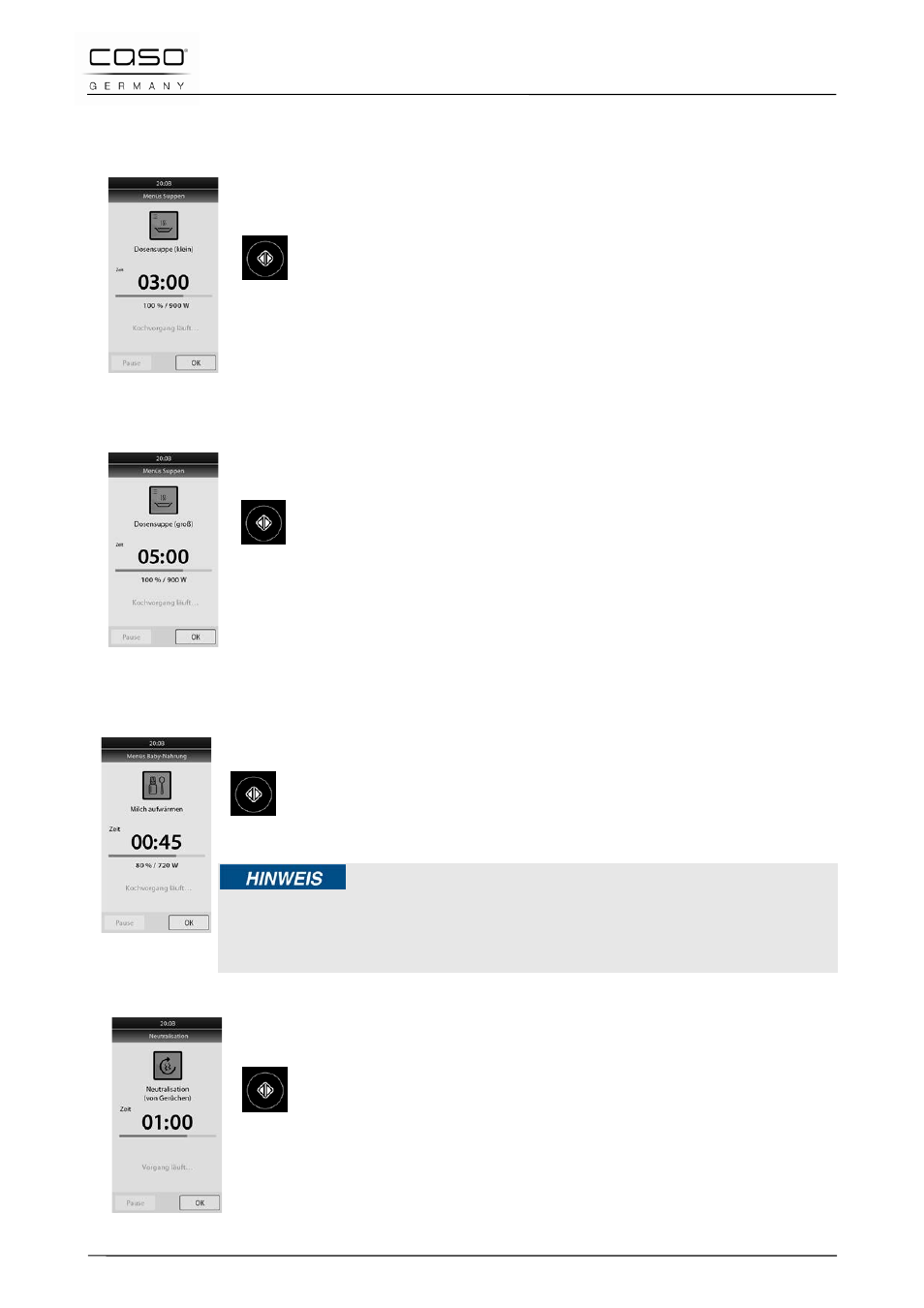 9 menüs suppen, 2 menü (2) dosensuppe (groß), 10 menüs babynahrung | 11 neutralisation (von gerüchen) | CASO Germany MLG 23 Touch User Manual | Page 40 / 189