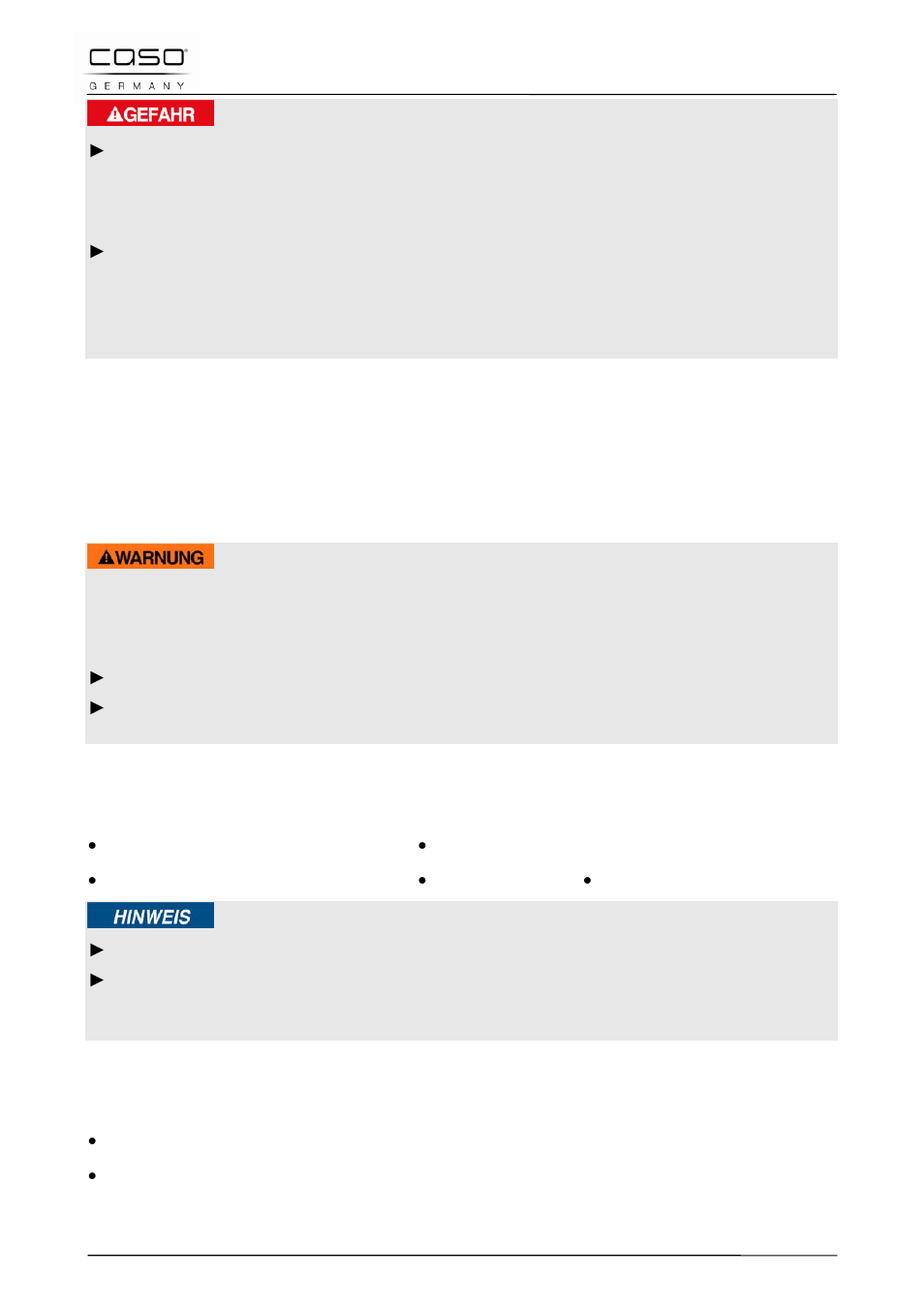 4 puesta en marcha, 5 instrucciones de seguridad, 6 ámbito de suministro e inspección de transporte | 7 desembalaje, Peligro, Advertencia, Nota | CASO Germany MG 25 menu User Manual | Page 121 / 165