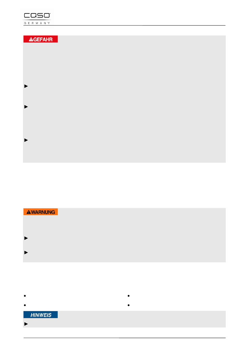 5 gefahr durch elektrischen strom, 3 inbetriebnahme, 1 sicherheitshinweise | 2 lieferumfang und transportinspektion | CASO Germany M 20 electronic User Manual | Page 18 / 142