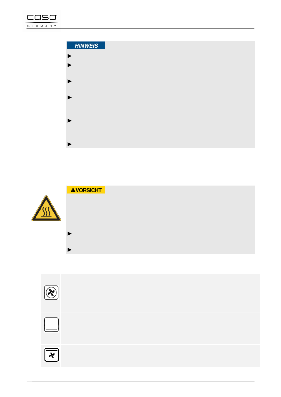 2 peligro de descargas eléctricas, 3 elementos de seguridad, 1 señales de advertencia en el aparato | 36 funciones, Nota, Precanción | CASO Germany EO27 User Manual | Page 129 / 151