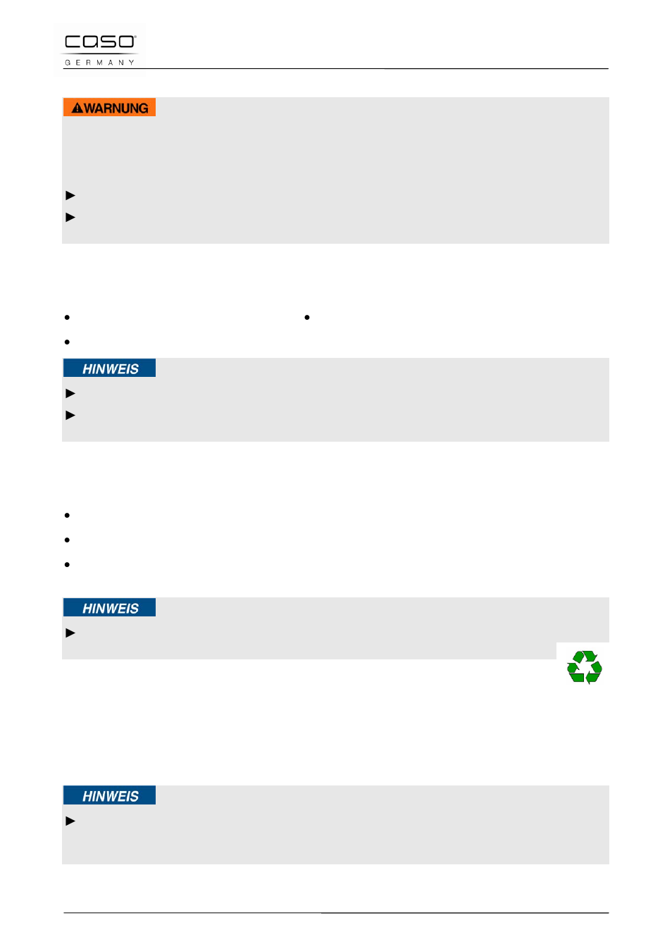 1 consignes de sécurité, 2 inventaire et contrôle de transport, 3 déballage | 4 elimination des emballages, Attention, Remarque | CASO Germany WineCase 8 User Manual | Page 36 / 78