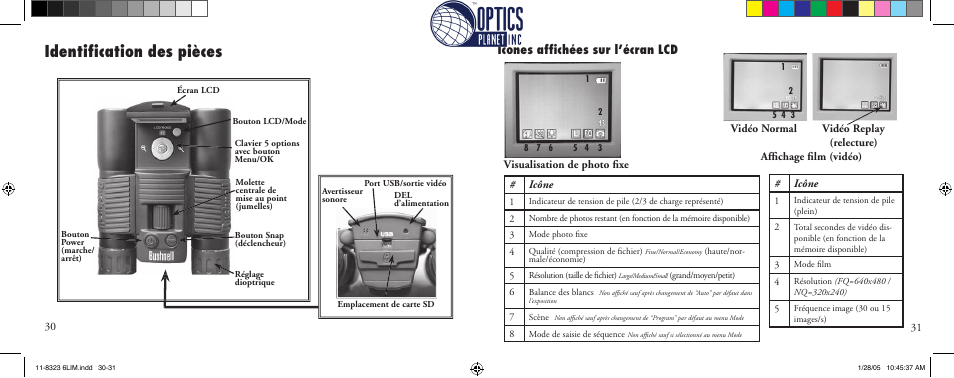 Identiﬁ cation des pièces, Icônes afﬁ chées sur l’écran lcd | Bushnell Instant Replay 11-8323 User Manual | Page 16 / 73