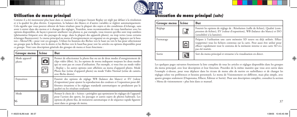 Utilisation du menu principal, Utilisation du menu principal (suite) | Bushnell Instant Replay 11-8323 User Manual | Page 19 / 73