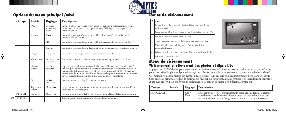 Options du menu principal (suite), Icônes de visionnement, Menu de visionnement | Bushnell Instant Replay 11-8323 User Manual | Page 21 / 73